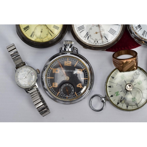 133 - A SELECTION OF POCKET WATCHES, WRISTWATCHES, A COMPASS AND RING, to include a silver open face pocke... 