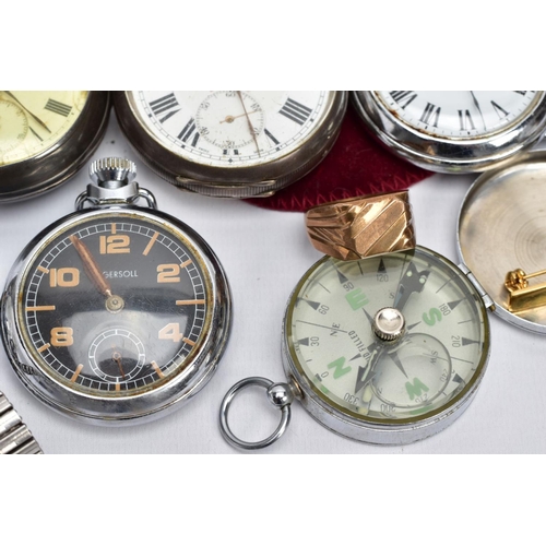 133 - A SELECTION OF POCKET WATCHES, WRISTWATCHES, A COMPASS AND RING, to include a silver open face pocke... 