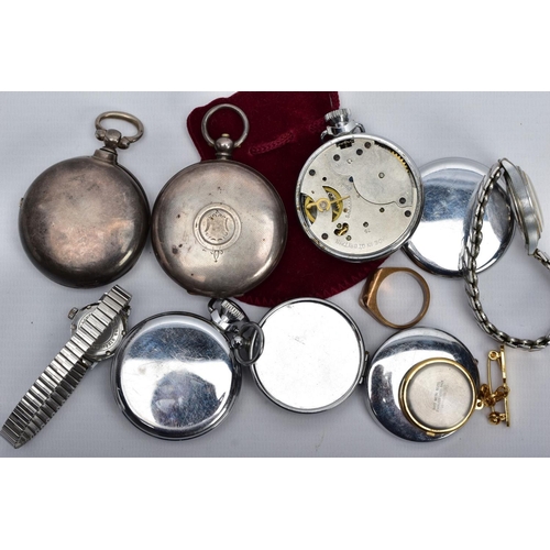 133 - A SELECTION OF POCKET WATCHES, WRISTWATCHES, A COMPASS AND RING, to include a silver open face pocke... 