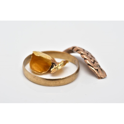 137 - A YELLOW METAL RING, ROSE GOLD HEAD OF A RING AND A GOLD TONE TOOTH CAP, the plain polished wedding ... 