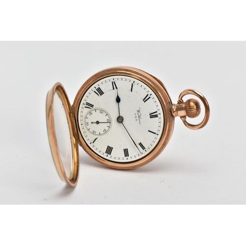 14 - A GOLD PLATED OPEN FACE 'WALTHAM' POCKET WATCH, round white dial signed 'Waltham U.S.A' Roman numera... 