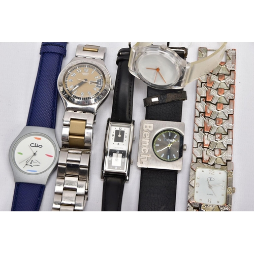 142 - SEVEN ASSORTED QUARTZ WRISTWATCHES, to include a stainless steel 'Swatch' round gold dial signed 'Sw... 