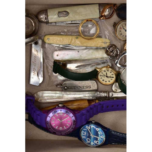 145 - A BOX OF ASSORTED ITEMS, to include a silver shield shaped fob hallmarked Birmingham, a Swiss fiftee... 