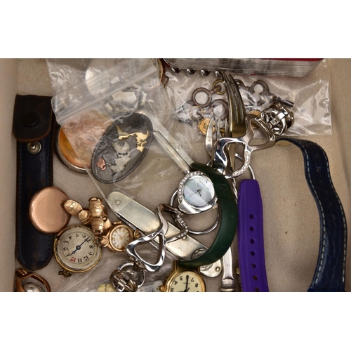 145 - A BOX OF ASSORTED ITEMS, to include a silver shield shaped fob hallmarked Birmingham, a Swiss fiftee... 