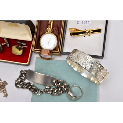 146 - A BOX OF MISCELLANEOUS ITEMS, to include a silver hinged bangle, decorative floral and foliate desig... 