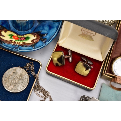 146 - A BOX OF MISCELLANEOUS ITEMS, to include a silver hinged bangle, decorative floral and foliate desig... 