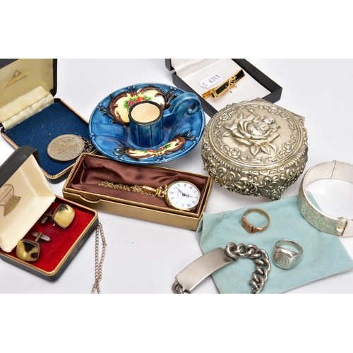 146 - A BOX OF MISCELLANEOUS ITEMS, to include a silver hinged bangle, decorative floral and foliate desig... 