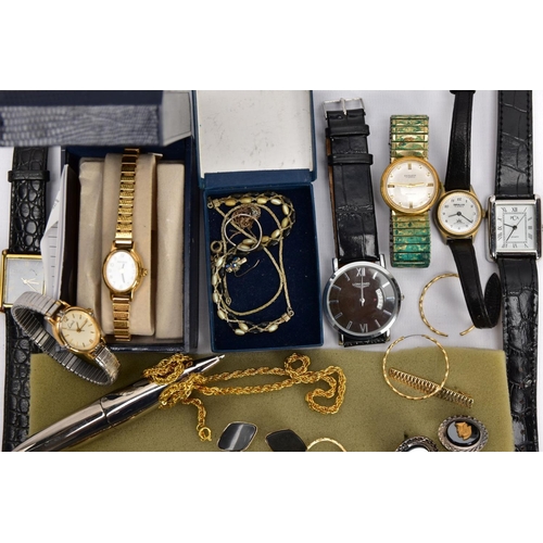 148 - A BOX OF ASSORTED ITEMS, to include, a gents gold plated 'Excalibur' wristwatch fitted with a very w... 