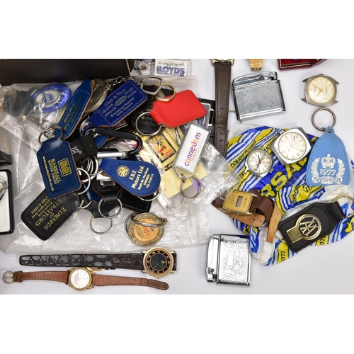 150 - A BOX OF MISCELLANEOUS ITEMS, to include a silver gilt pin badge in the form of a dog, hallmarked Bi... 