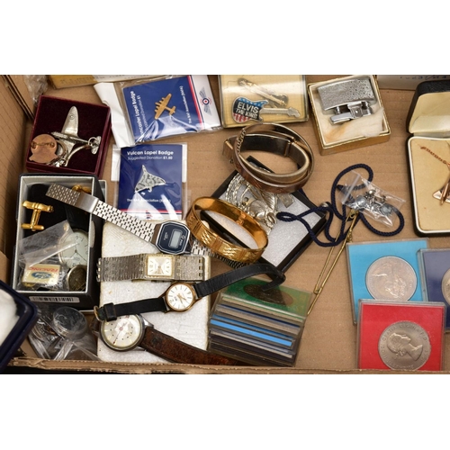 150 - A BOX OF MISCELLANEOUS ITEMS, to include a silver gilt pin badge in the form of a dog, hallmarked Bi... 