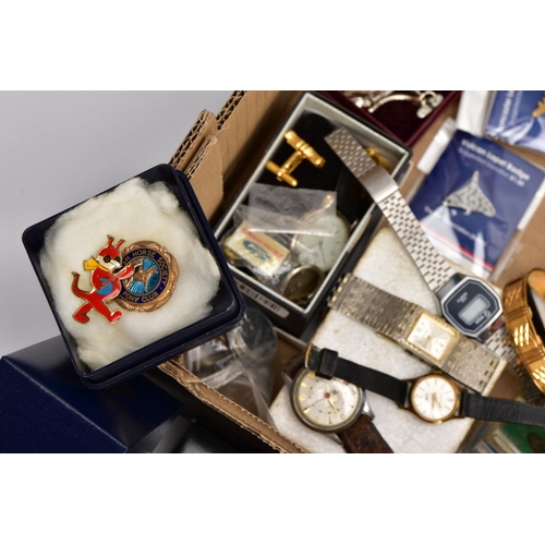 150 - A BOX OF MISCELLANEOUS ITEMS, to include a silver gilt pin badge in the form of a dog, hallmarked Bi... 