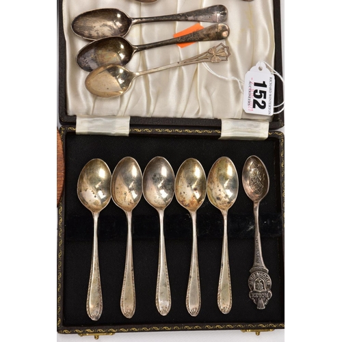 152 - A MISCELLANEOUS COLLECTION to include a set of hallmarked silver teaspoons, a small pair of bunny sa... 