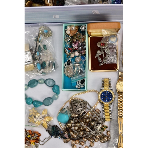 156 - A SELECTION OF MAINLY COSTUME JEWELLERY, to include a late Victorian oval memorial brooch with centr... 