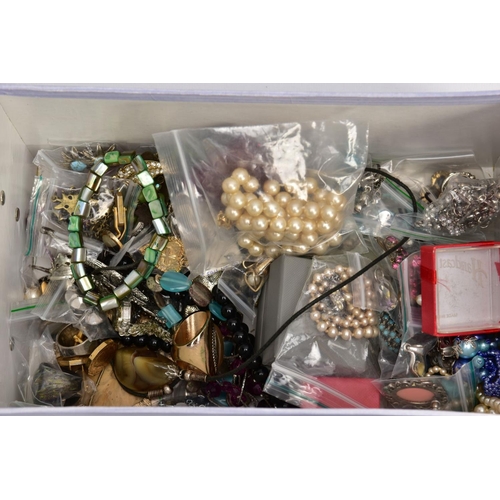 156 - A SELECTION OF MAINLY COSTUME JEWELLERY, to include a late Victorian oval memorial brooch with centr... 