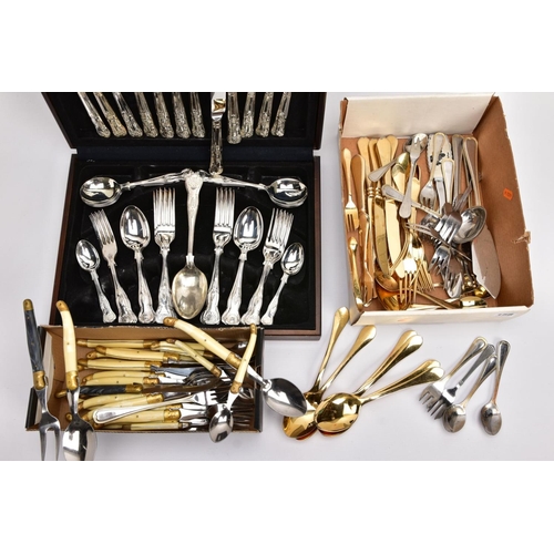 158 - A COLLECTION OF CUTLERY ITEMS, to include a six piece stainless steel Kings design cased set (one te... 