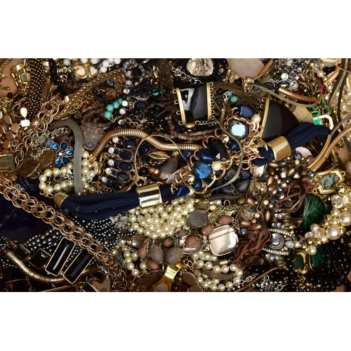 159 - THREE BOXES OF ASSORTED COSTUME JEWELLERY AND ITEMS, to include a quantity of beaded necklaces, yell... 