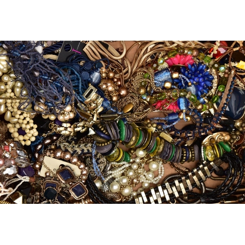 159 - THREE BOXES OF ASSORTED COSTUME JEWELLERY AND ITEMS, to include a quantity of beaded necklaces, yell... 