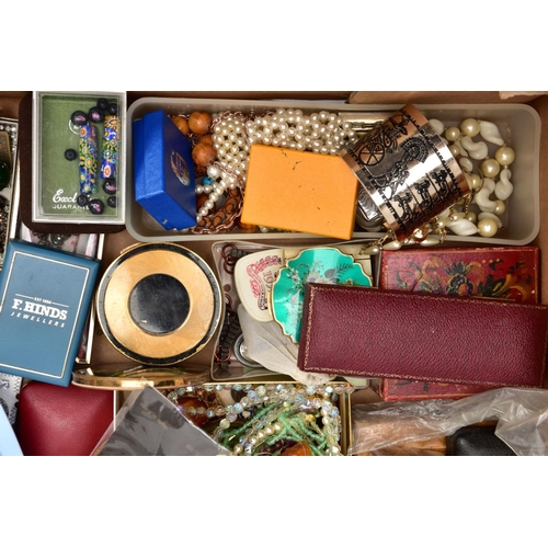 160 - A BOX OF MISCELLANEOUS ITEMS, to include a quantity of costume jewellery, compacts to include 'Strat... 