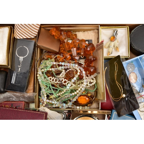 160 - A BOX OF MISCELLANEOUS ITEMS, to include a quantity of costume jewellery, compacts to include 'Strat... 