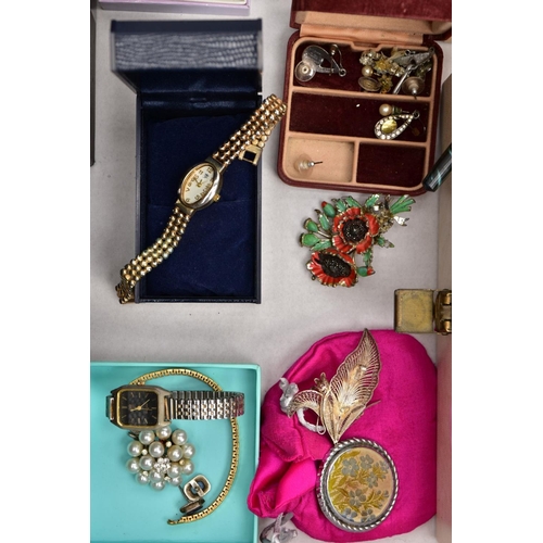 161 - A BOX OF ASSORTED COSTUME JEWELLERY AND A JEWELLERY BOX, to include a white metal filigree floral br... 