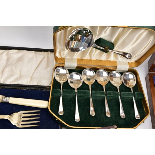 162 - A BOX OF CASED CUTLERY SETS AND A CANTEEN OF CUTLERY, to include six cased sets of cutleries such as... 