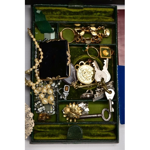 163 - A BOX OF ASSORTED COSTUME JEWELLERY AND ITEMS, to include a green jewellery box with costume jewelle... 