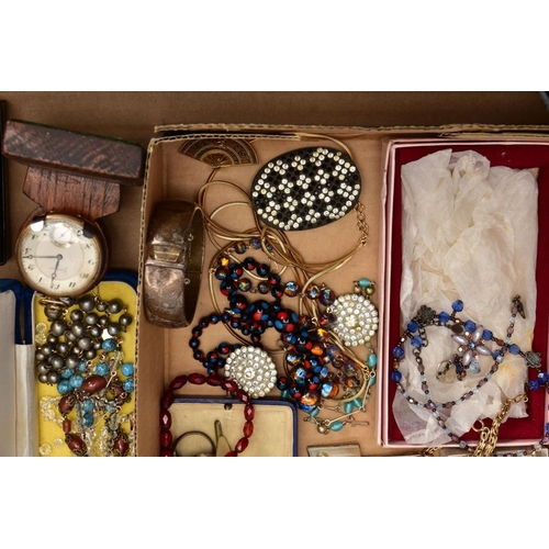 163 - A BOX OF ASSORTED COSTUME JEWELLERY AND ITEMS, to include a green jewellery box with costume jewelle... 