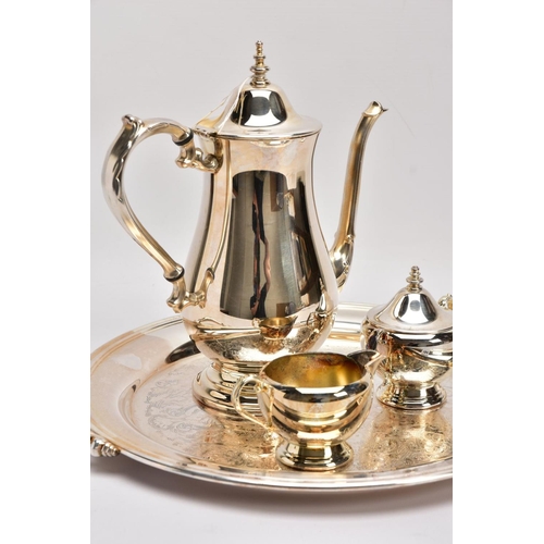 164 - A SILVER PLATE 'IONEIDA' THREE PIECE COFFEE SET AND DOUBLE HANDLED TRAY, to include  coffee pot with... 