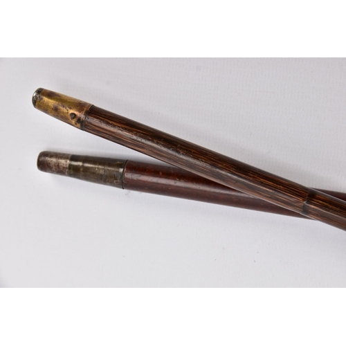 168 - TWO WALKING CANES, one set with a 9ct gold embossed foliate round handle with a vacant cartouche, ha... 