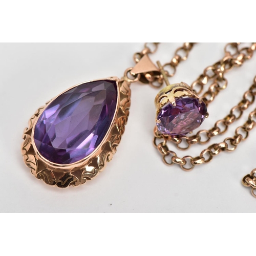 17 - A SYNTHETIC COLOUR CHANGE CORUNDUM SUITE OF JEWELLERY, to include a large pear shape pendant, pear s... 