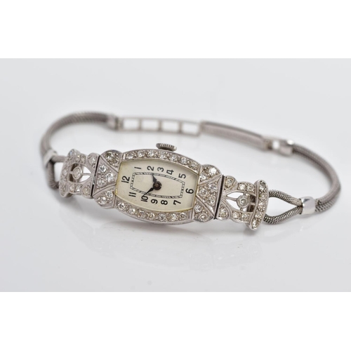 172 - AN EARLY 20TH CENTURY DIAMOND COCKTAIL WATCH, tonneau shape case diamond set with single cut diamond... 