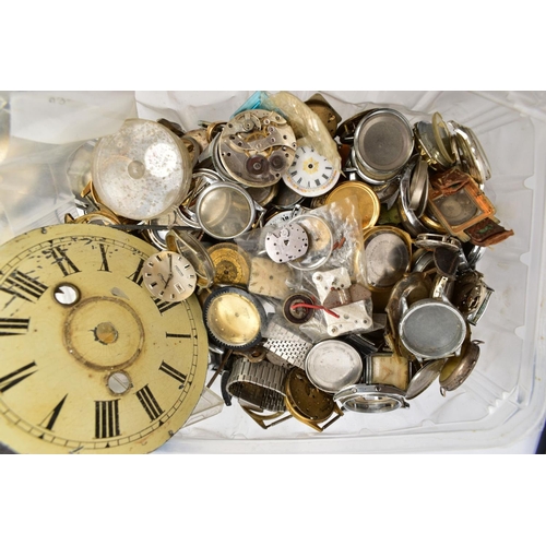 176 - A BOX OF DECONSTRUCTED WATCHES, MOVEMENTS AND CASES, to include a Longines case back engraved with a... 