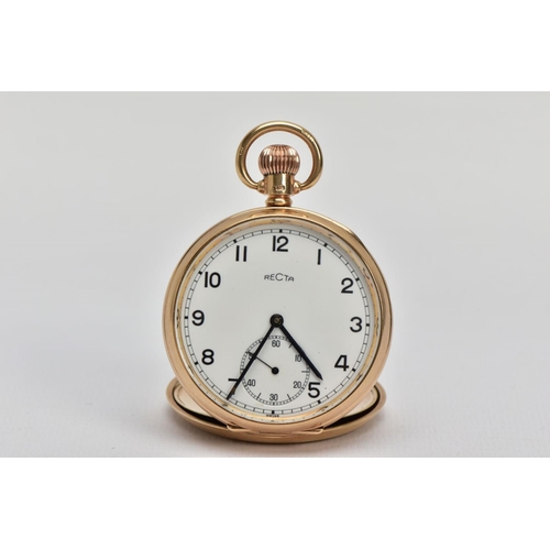 18 - AN EARLY 20TH CENTURY RECTA 9CT GOLD POCKET WATCH, measuring approximately 45mm in diameter, white e... 