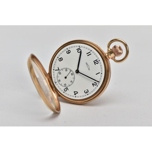 18 - AN EARLY 20TH CENTURY RECTA 9CT GOLD POCKET WATCH, measuring approximately 45mm in diameter, white e... 