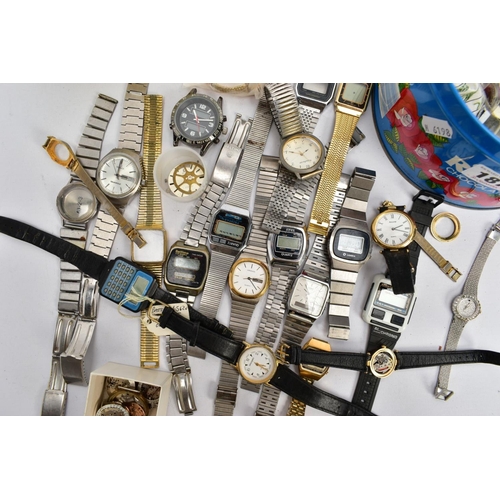 187 - A TIN OF ASSORTED WRISTWATCHES AND PARTS, to include a quantity of ladies and gent's wristwatches wi... 