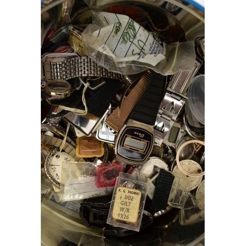 187 - A TIN OF ASSORTED WRISTWATCHES AND PARTS, to include a quantity of ladies and gent's wristwatches wi... 