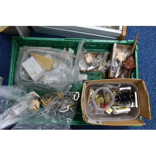 188 - A PLASTIC BOX, TRAY AND DRAWER OF WATCH PARTS AND TOOLS, to include a box of watch glasses, cogs, sp... 