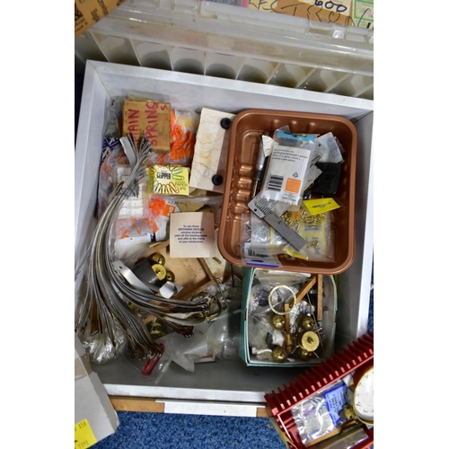 188 - A PLASTIC BOX, TRAY AND DRAWER OF WATCH PARTS AND TOOLS, to include a box of watch glasses, cogs, sp... 