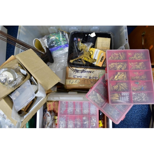 188 - A PLASTIC BOX, TRAY AND DRAWER OF WATCH PARTS AND TOOLS, to include a box of watch glasses, cogs, sp... 