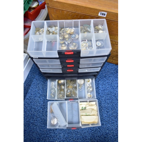 189 - THREE STORAGE CABINETS WITH CONTENTS, to include a grey plastic six graduated drawer storage box wit... 