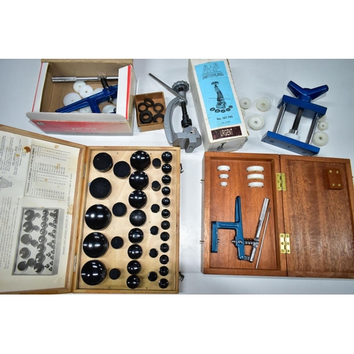 194 - A SELECTION OF WATCH AND CLOCK TOOLS, to include a boxed 'Anchor Glass Fitting Machine' with twenty ... 