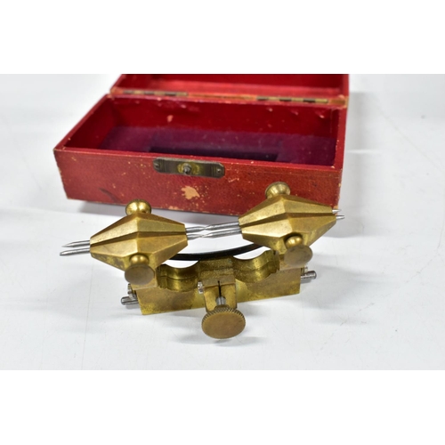 196 - THREE WATCH MAKERS CLOCK DEPTHING TOOLS, all brass with steel rods and fittings, two with boxes, lar... 