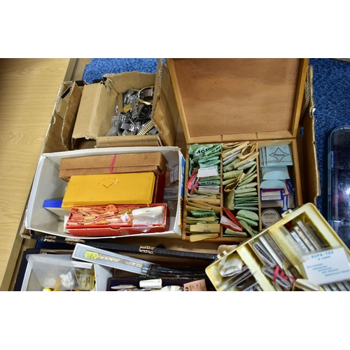 197 - TWO BOXES OF WATCHMAKERS PARTS, mostly pocket watch and wristwatch parts, to include a collection of... 