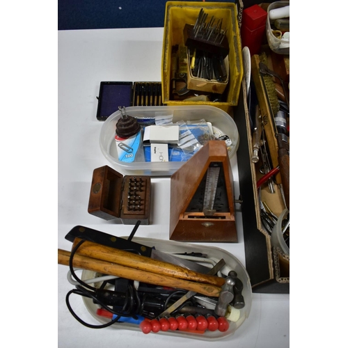 199 - A BOX OF ASSORTED WATCHMAKERS TOOLS AND EQUIPMENT, to include an a/f mechanical metronome, a cased s... 