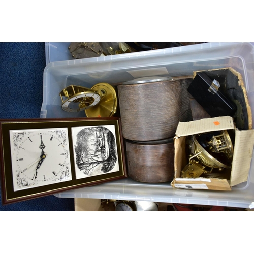 201 - THREE BOXES OF DECONSTRUCTED MANTLE AND WALL CLOCKS, also including a 'Kundo' clock without glass do... 