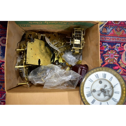 202 - THREE BOXES OF ASSORTED WATCHMAKERS CLOCK PARTS, to include names such as 'E Johnson & Sons, Derby',... 