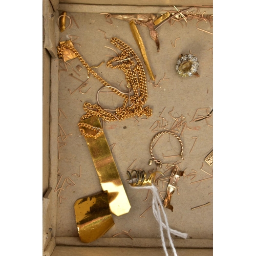 206 - A BOX OF YELLOW METAL PIECES, to include a textured tapered pendant, stamped 375, an a/f yellow meta... 