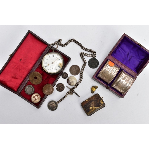 207 - A BOXED PAIR OF LATE VICTORIAN SILVER NAPKIN RINGS, A SILVER POCKET WATCH AND KEYS, each of a circul... 