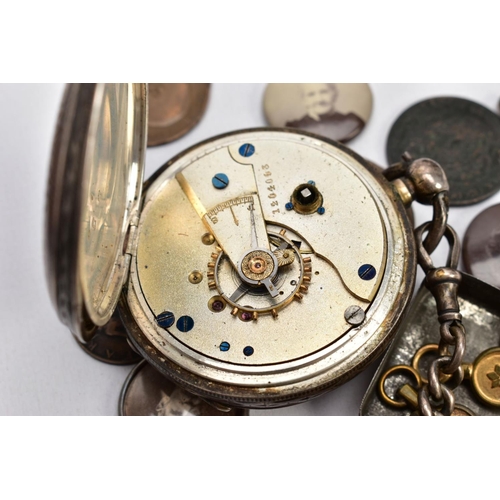 207 - A BOXED PAIR OF LATE VICTORIAN SILVER NAPKIN RINGS, A SILVER POCKET WATCH AND KEYS, each of a circul... 