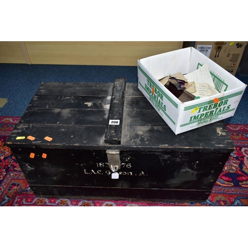 208 - A WOODEN MILITARY BOX AND OTHER MISCELLANEOUS ITEMS, the box measures 66cm x 32.5ccm x 34.5cm, other... 